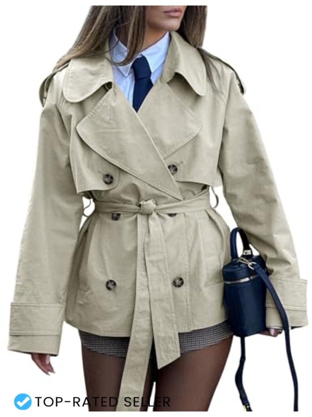 Cropped Trench Coat 100% Cotton Double Breasted Belted Women